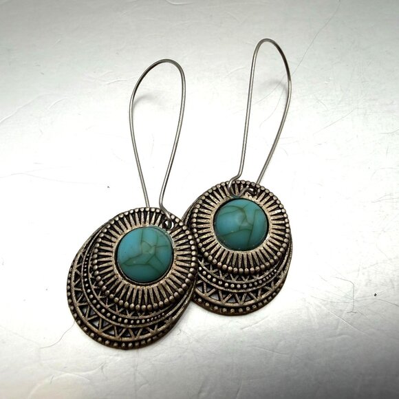 Turquoise Style Medallion Dangle Earrings Boho Tribal Statement - Picture 6 of 8